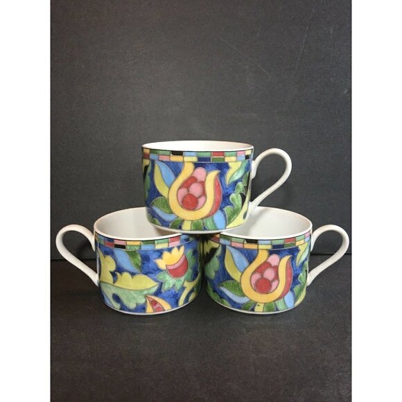 Set 3 Fantasia Cups Mosaic Stoneware PTS Int’l Interiors Teacup Blue Pink Floral - Picture 1 of 7